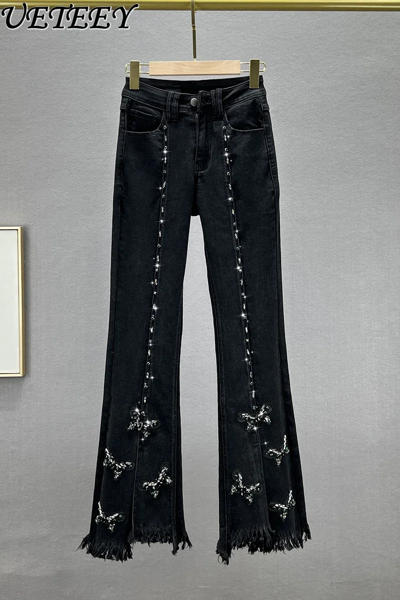 

Bootcut Trousers Women's Trendy 2023 New Autumn High Waist Denim Pants Slimming Exquisite Rhinestone Frayed Edge Mop Jeans