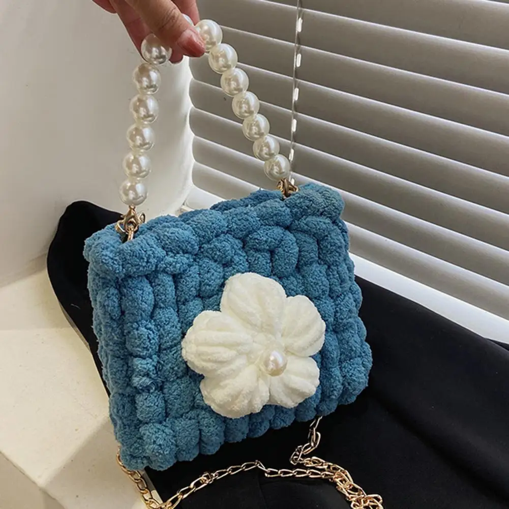 Handbag DIY Material Soft Plush Crochet Faux Pearl Flower Chain Strap Easy Completion Women Bag Tote Purse DIY Accessory