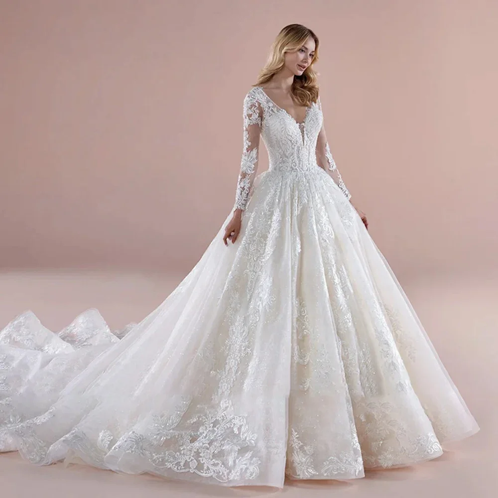

Customized 2025Elegant Princess A Line Wedding Dresses V-neck Long Sleeve Bridal Gown Lace Backless Floor Length Ball Gown