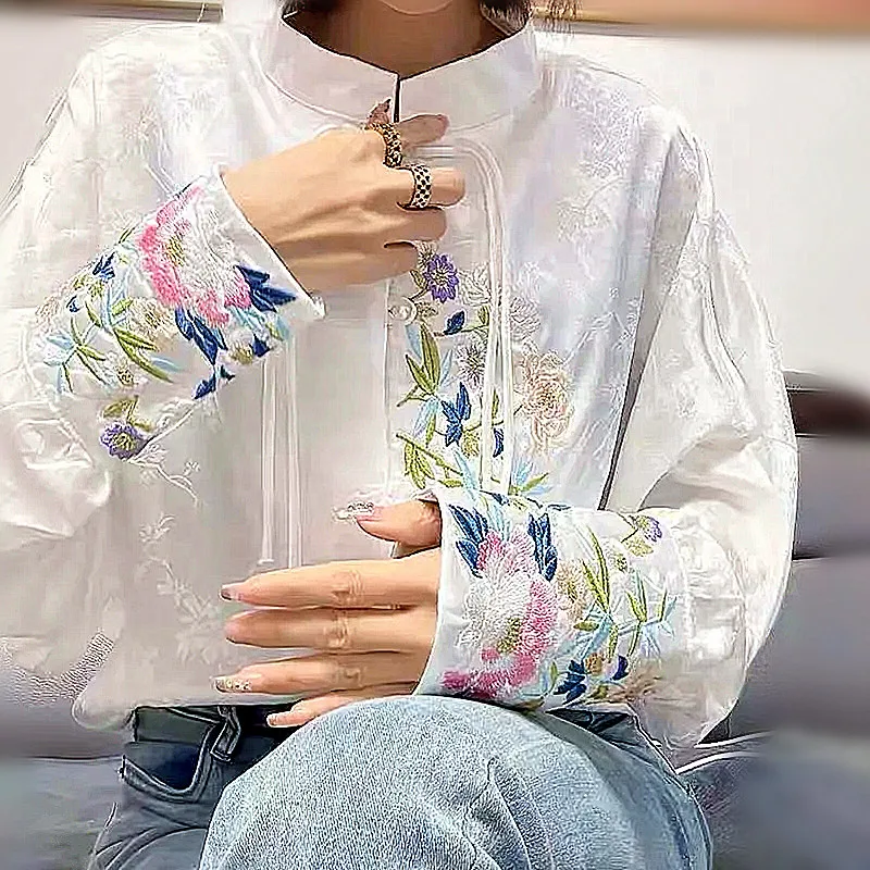 

Party Shirt Women Spring New Stand Collar Retro Floral Embroidery Loose Lantern Sleeve Shirts Women's Blouses Tunic Tops NS142