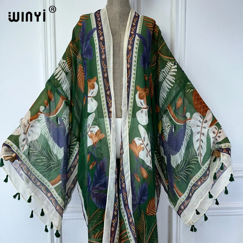 WINYI Sommer-Outfit Kimono Afrika Boho Print Strand Cover Up Muslimisches Kleid Strickjacken Strandkleidung Frauen Abaya Dubai Luxus-Kaftan