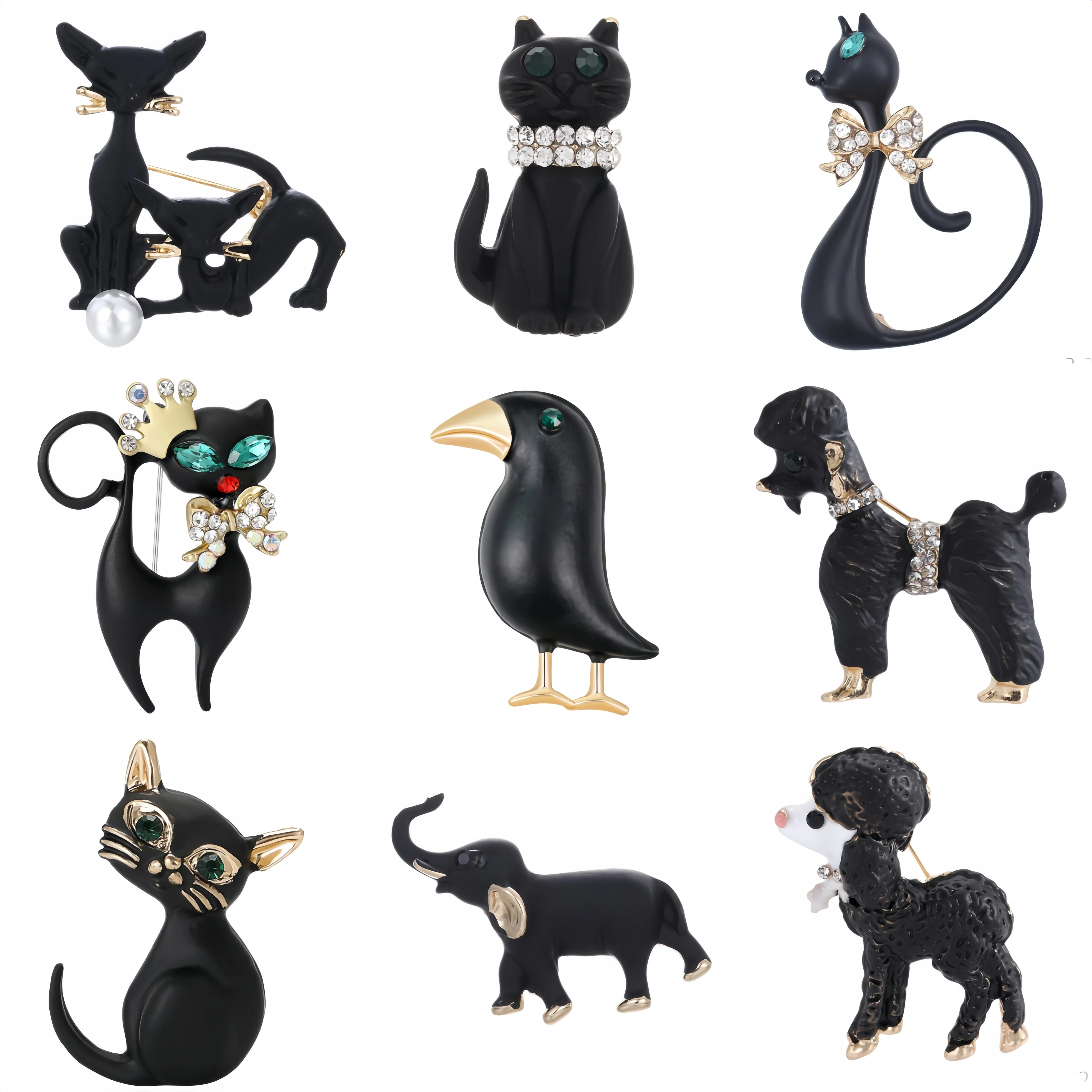 Essh&Pule Black Animal Brooch Enamel Cat Dog Elephant Crow Lapel Pins Vintage Rhinestone Badge Jewelry Ornament Gift for Women