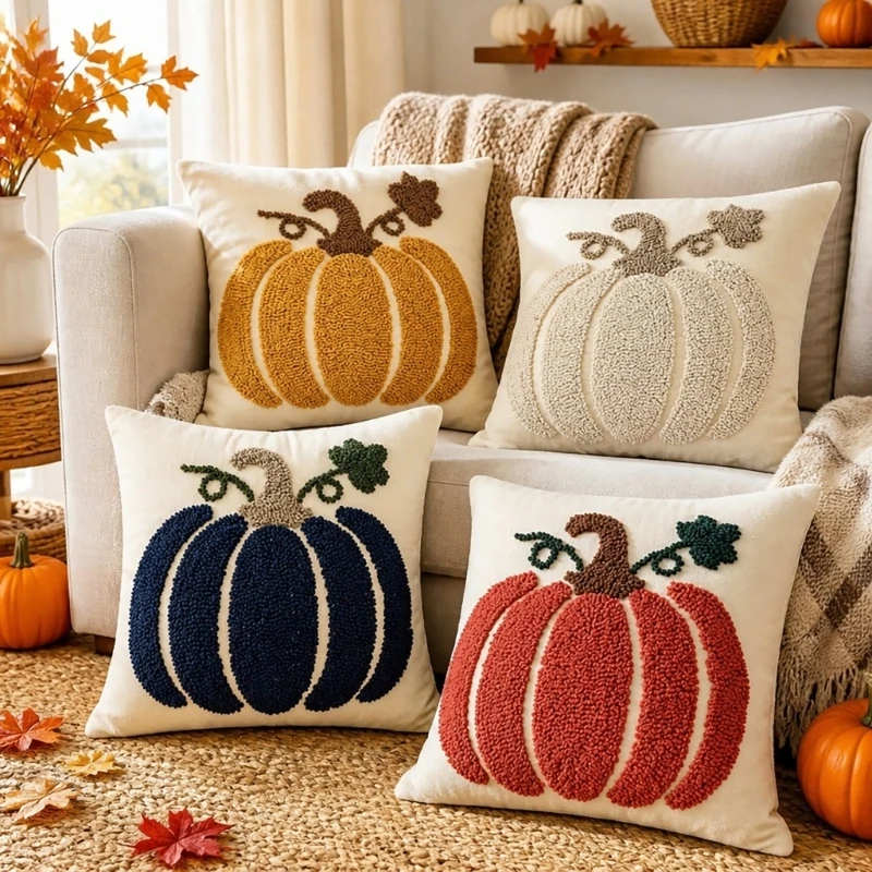 D0AD Seasonal Harvest Pillow Cover with Tufted Texture, Polyester Throw Cover for Sofa Bed Accent Styling Use Indoors