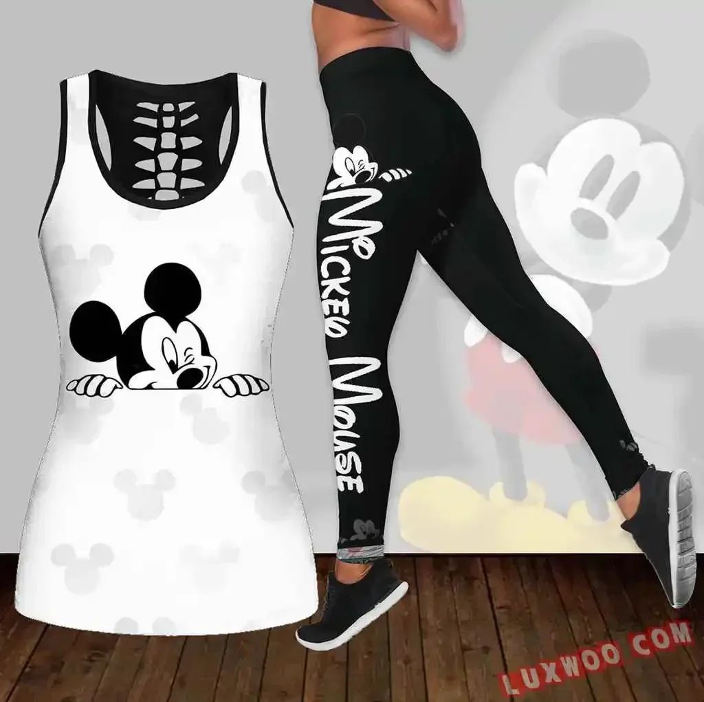 2024 New Mickey Mouse Women\'s Hollow Vest  Leggings Yoga Suit Fitness Leggings Sports Suit Disney Tank Top Legging Set Outfit