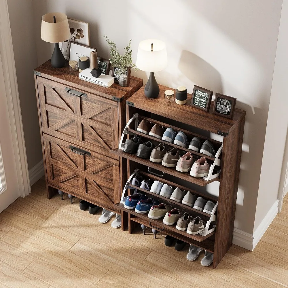 Gabinete de almacenamiento de zapatos delgado estilo granja - Estante organizador de entrada estrecha con 2 cajones para un almacenamiento eficiente de zapatos
