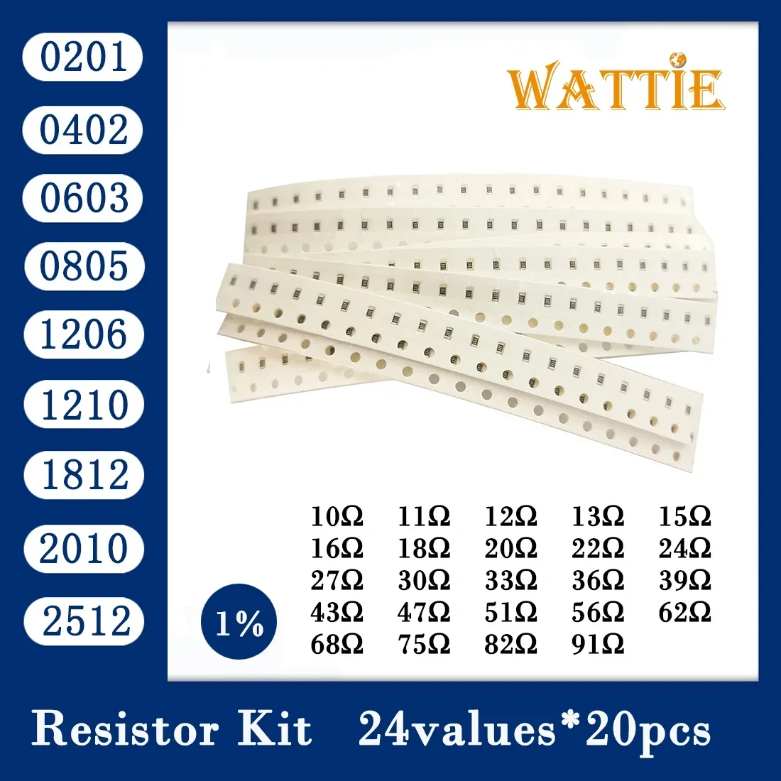 Resistor kit 0201 0402 0603 0805 1206 1210 1812 2512 smd Resistor package 25values*20PCS=500PCS 1% Sample Kit Resisor