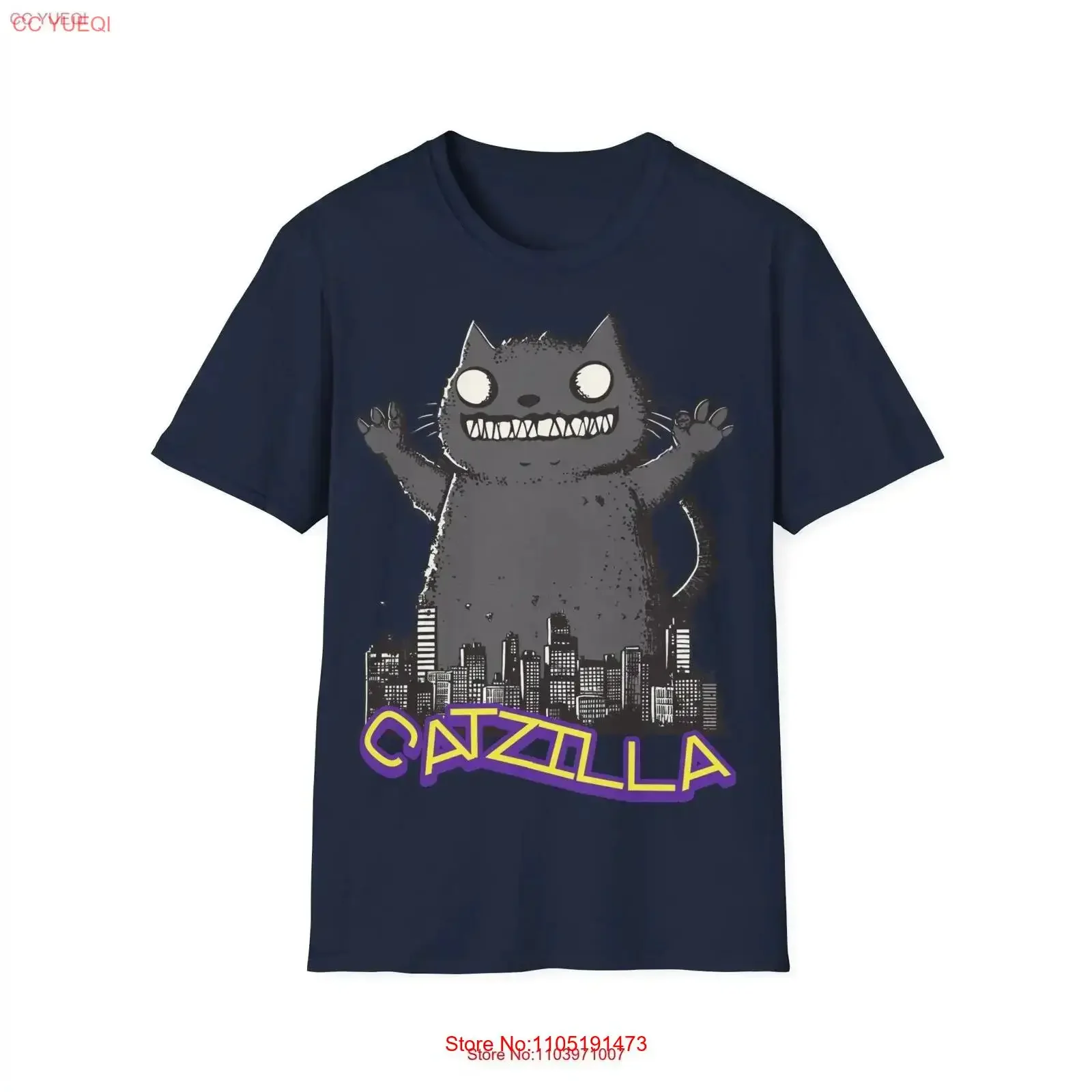 Catzilla T Shirt Funny Cat Illustration Large Destroys City Humorous for Lovers Softstyle Mom Dad vintage Washed Stretched