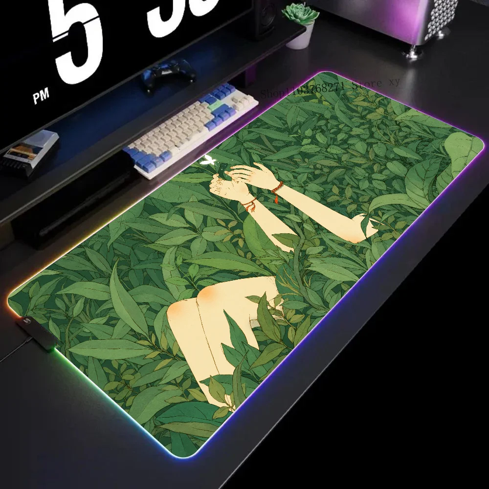 Butterfly Green Plants Mousepad XXL RGB Gaming Mouse Pads HD Black Gamer Accessories Large LED