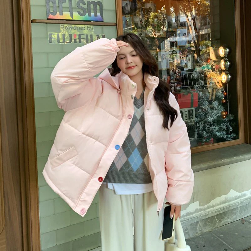 겨울 두꺼운 후드 파카 여성용 스위트 프레피 루즈 캐주얼 지퍼 푸피 코트 시크 버튼 긴 소매 배기 따뜻한 학생용 아우터