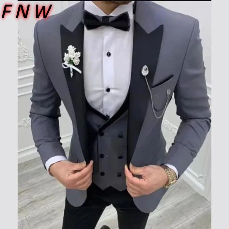 

Черные брюки слим-фит для жениха, смокинг для официального свадебного костюма, новейший серый костюм слим-фит, мужской пиджак, брюки, жилет, комплект из 3 предметов, на заказ