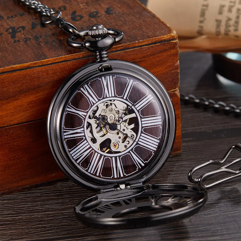 Vintage Mechanical Pocket Watch Men Women Roman Numerals Bronze Wood Hollow Fob Chain Hand Wind Steampunk Clock Skeleton Watch