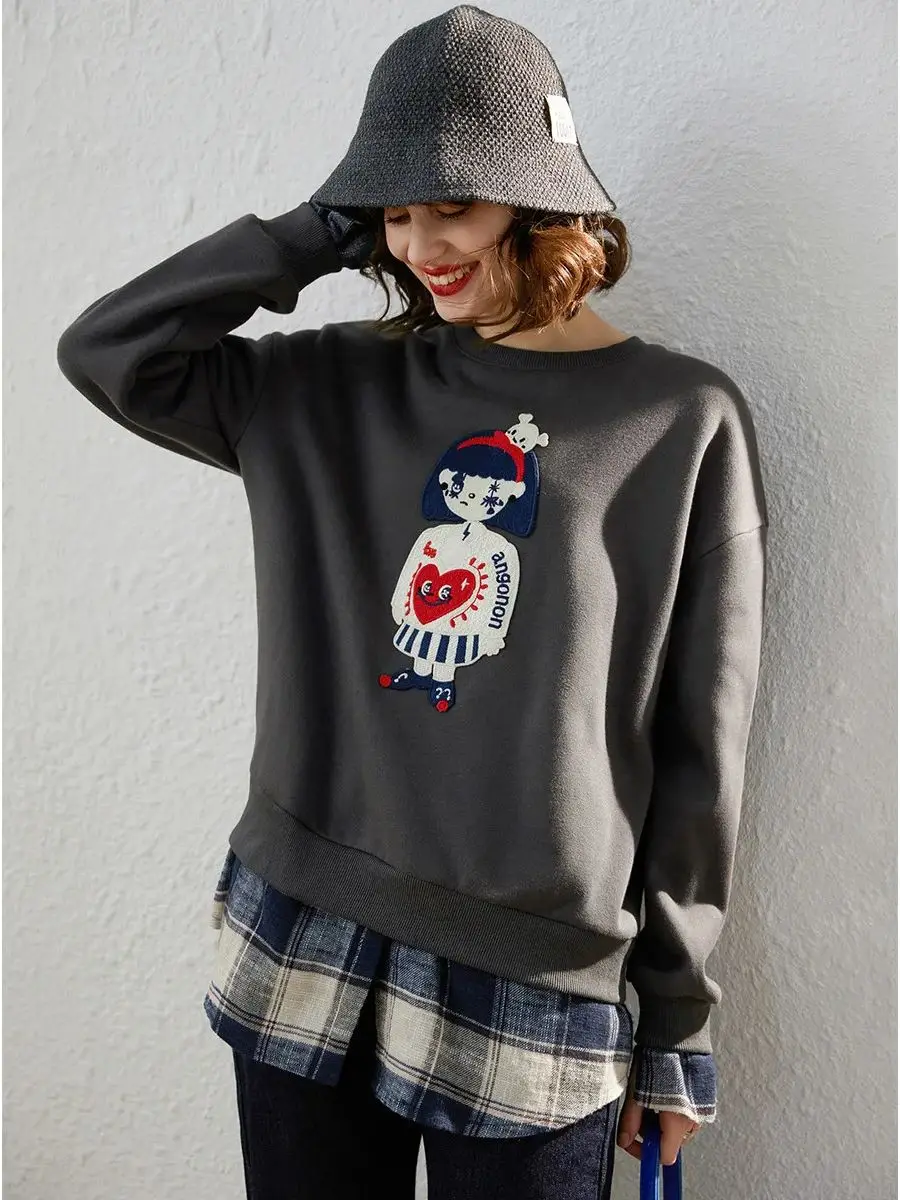 LOUIS YAO Women Hoodies Sweatshirt 2023 Winter Thick Round Neck Long Sleeve Fake Two Pieces Patchwork Checkered Pattern Top