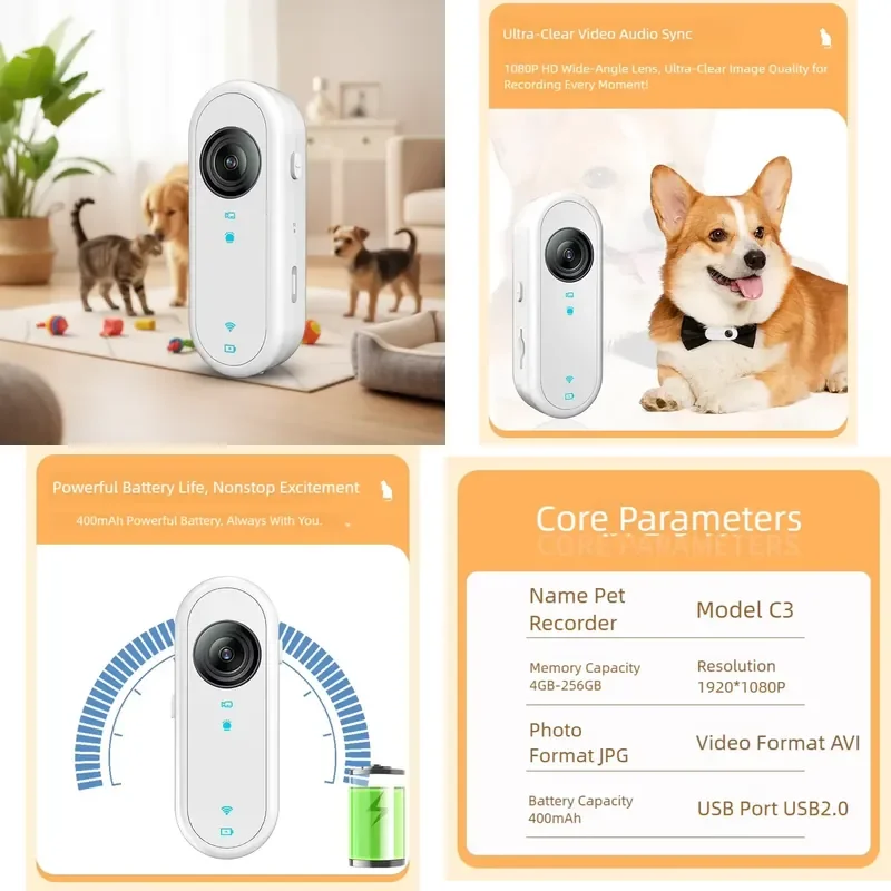 for Pet Recorder Modern Outdoor Reusable Durable ABS Material Ultra-clear Video Synchronized Audio HD Recording Chest-worn