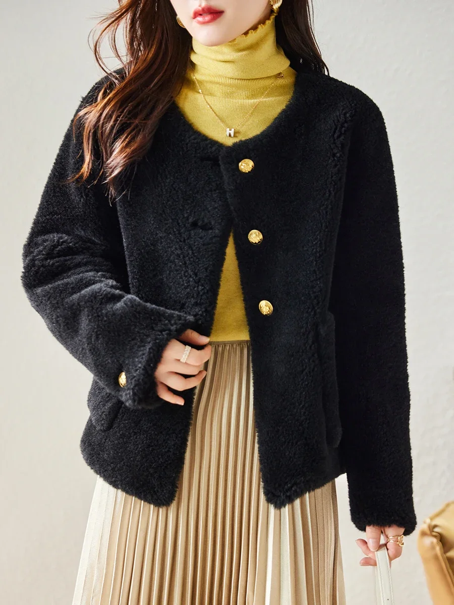 Nuovo cappotto di pelliccia di lana granulare girocollo alla moda