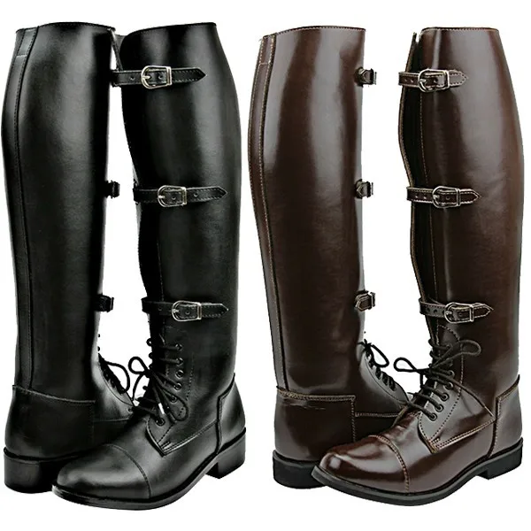 Men's Fashion Brown Black Coffee Solid Color Round Toe Belt Buckles Lace Up Flat Knee High Boots Male Cross Tied Motorcycle Shoe