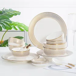 Nordic Light Luxury Tableware Set Household Gold Edge Ceramic Western Food Steak Plate Bowl Dish Spoon Combination Dinnerware