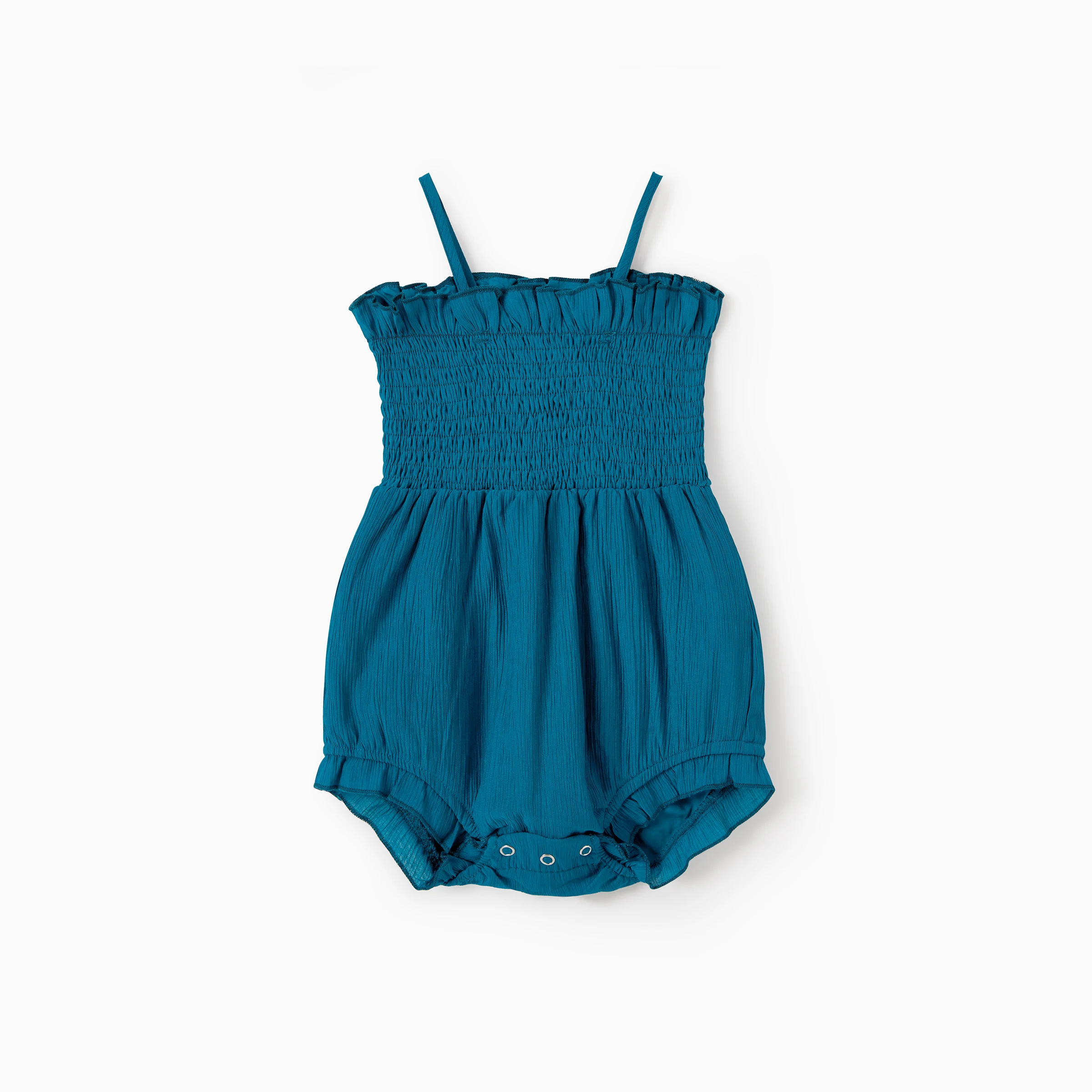 PatPat Mommy and Me Peacock Blue V Neck Faux Button Accents Shirred Waist Ruffle Trim Dresses