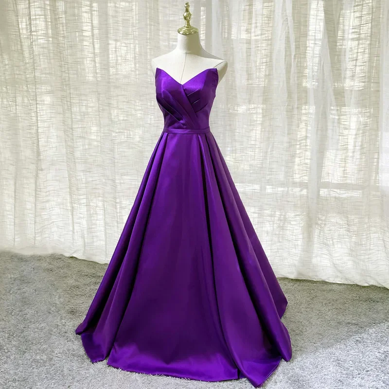 

Purple Simple Strapless Evening Dress Elegant Sleeveless Pleat A-Line Lace Up New Floor-Length Party Formal Dresses Woman B958