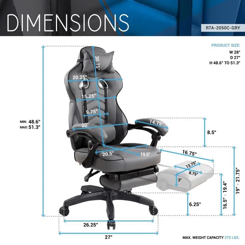 Gaming Racing Style Reclining Office Chair with Footrest, Black & Grey Design