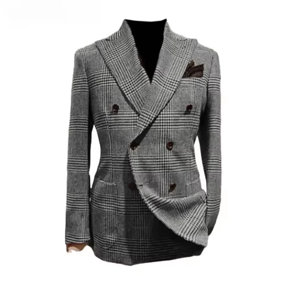 Veste formelle pour hommes pied-de-poule laine marron Blazer avec revers de pointe décontracté maria