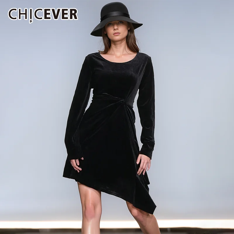 

CHICEVER Black Mini Dresses For Women Round Neck Long Sleeve Patchwork Lace Up Elegant Slimming Dress Female Clothing Summer New