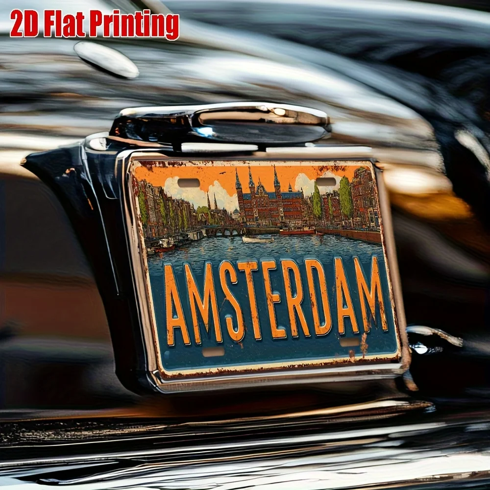 2D Flat 1pc Vintage Amsterdam  Metal Sign, Aluminum Wall Decor with Dutch Cityscape , Suitable for Home, Vehicle, Garden