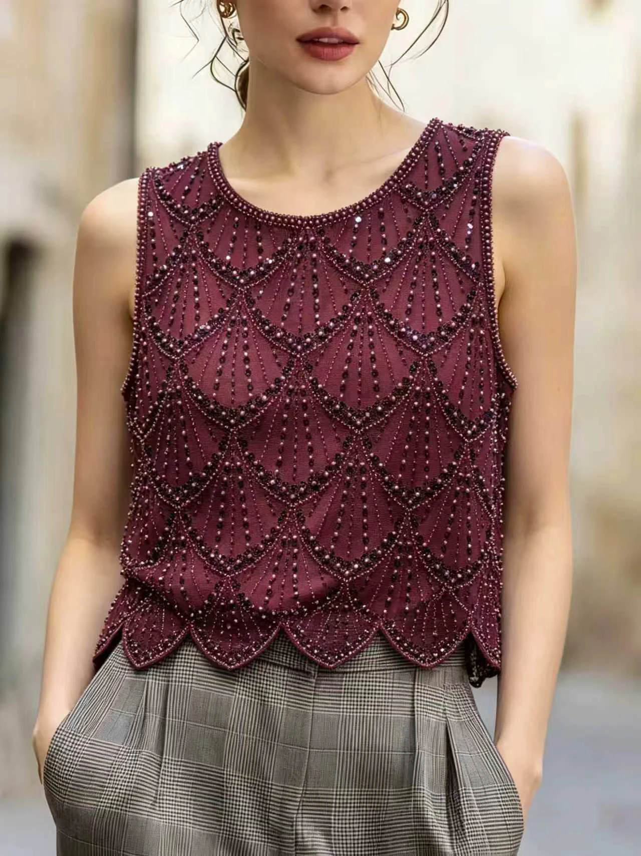 Women's Elegant Party  Blouse - Sleeveless Shiny Sequin Shirt, Casual Wear -Easy Care Hand Wash Evening Dress,Sparkling Sequins