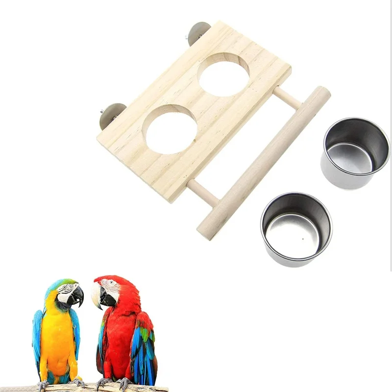 Bird Feeder Stainless Steel Pet Parrot Feeding Bowl with Wooden Stand Feeding Watering Supplies for Birds Double Bowl