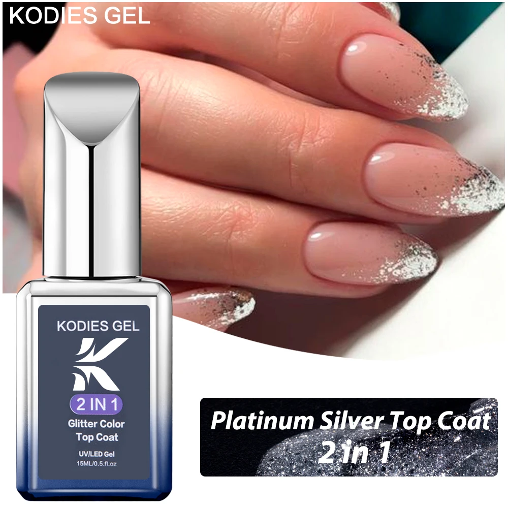 KODIES GEL Silver Glitter Top Coat UV Gel Nail Polish 15ML Platinum Semi Permanent UV/LED Shiny Tempered Top Finish Gel Varnish