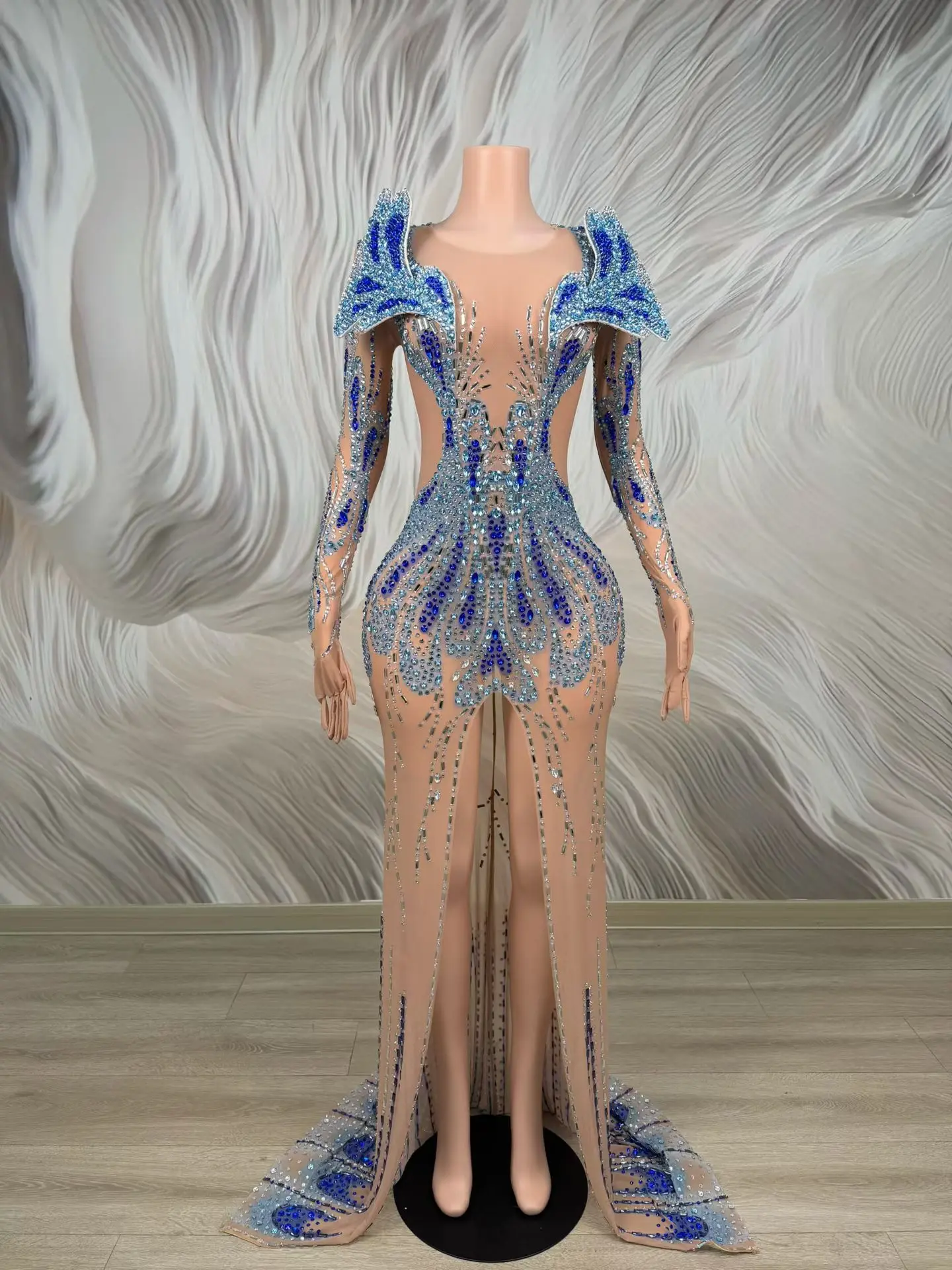 

Leihen Women Nude Mesh Blue Rhinestone Mermaid Evening Dress Long Sleeve with Slit Formal Prom Red Carpet Gown