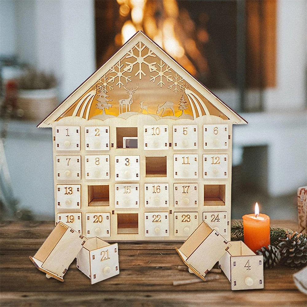 

Wood Christmas Advent Calendars House LED Lights 24 Days Countdown Storage Organization Figurines Room Home Decor 2024 News