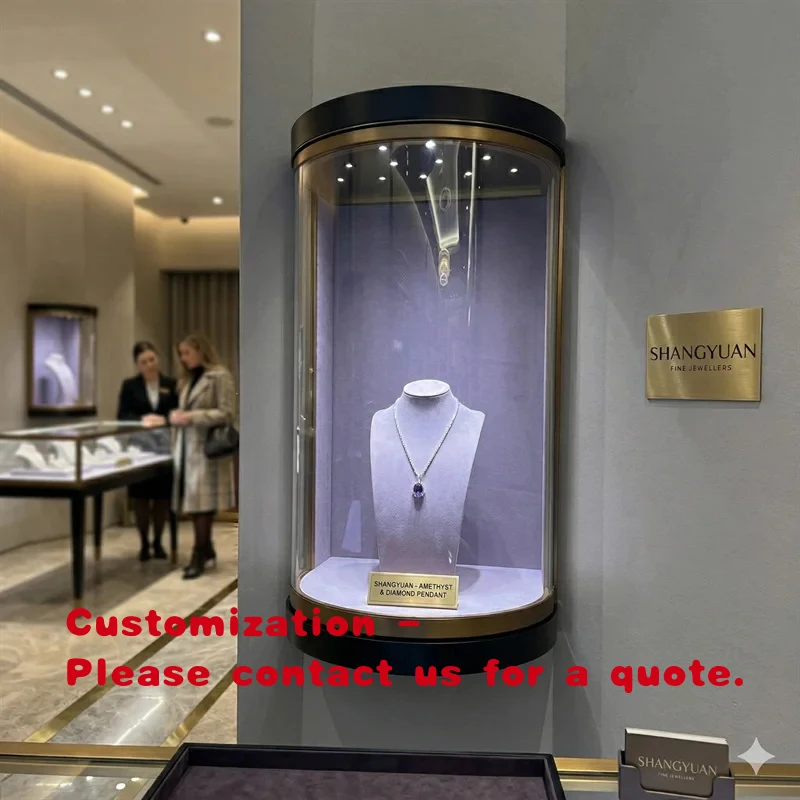 custom.Wall Jewelry Showcase Half Round Curved Glass Black Gold Frame LED Light Luxury Boutique Bespoke Direct Factory