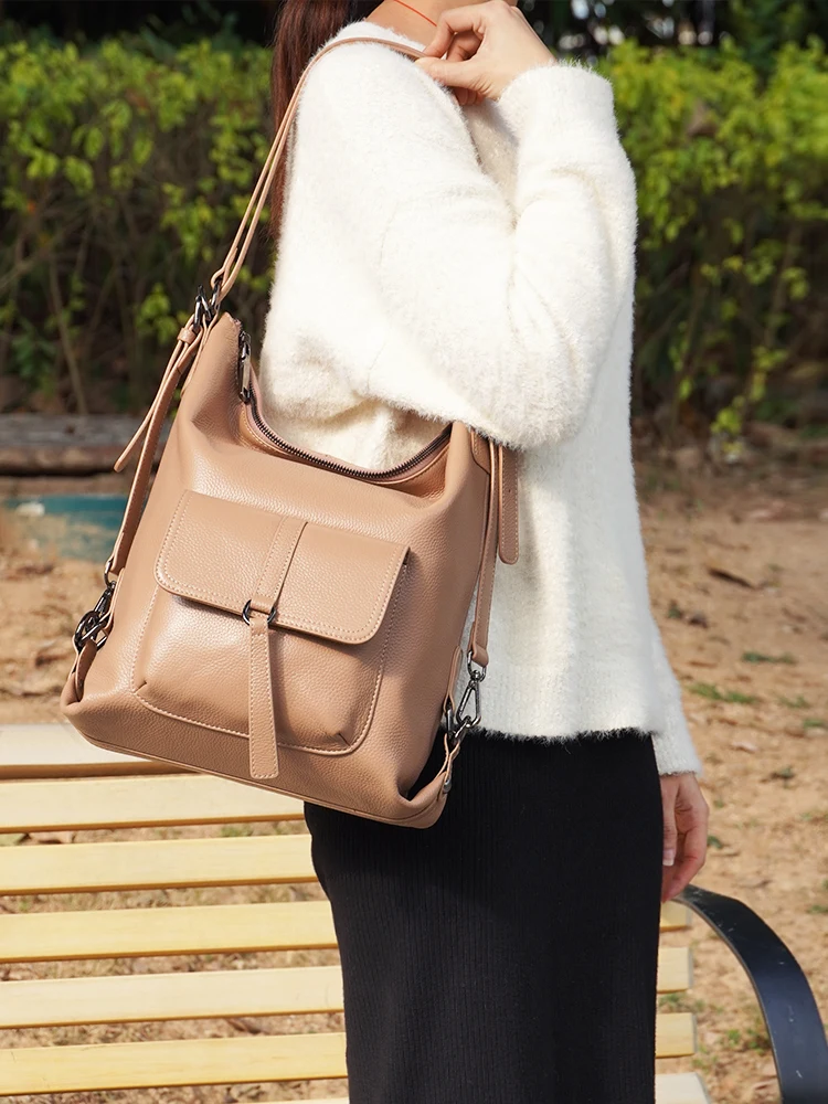 Zency Stylish Women Shoulder Bag 100% Genuine Leather Large Capacity Handbag Multifunction Satchel Bag Backpack Trendy Bags