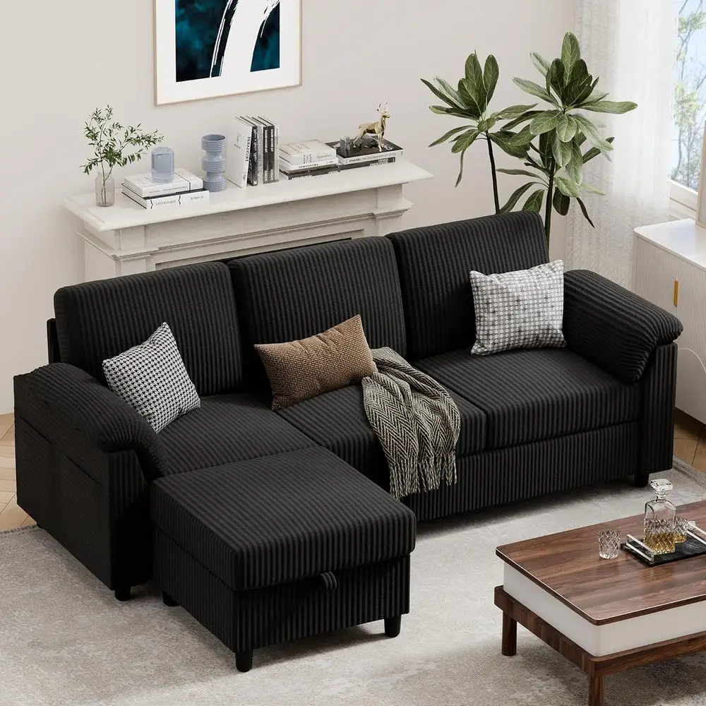 

79 L-Shaped Sectional Sofa with Storage Ottoman, 3-Seat Couch for Small Spaces, Black
