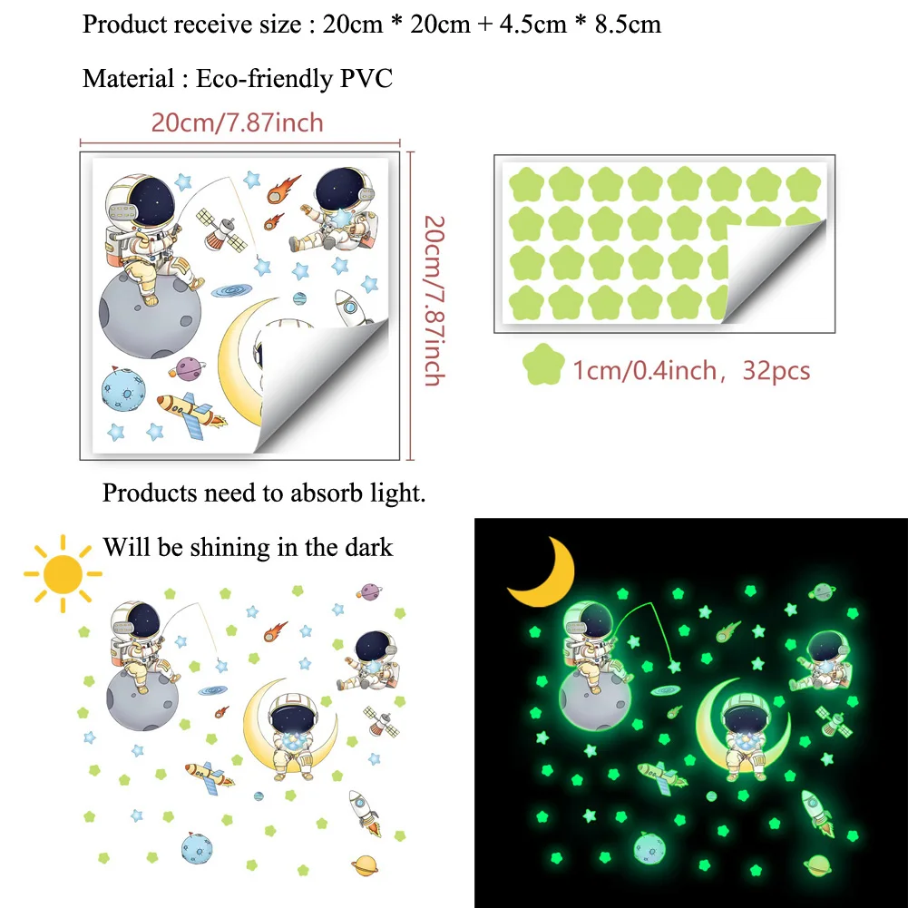 Cartoon Space Astronaut Star Luminous Wall Stickers Kids Room Background Decoration Decals Bedroom Decor Glow In The Dark Mural