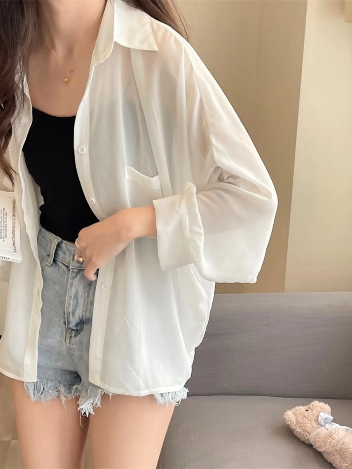 

Защита от солнца Long Sve Chiffon irt Свободная тонкая верхняя одежда большого размера Белая весна-лето Новое повседневное пальто Ele