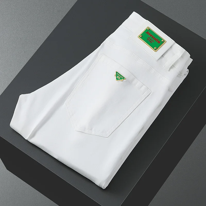 Solid color jeans men's summer2024new elastic slim fit skinny fashionable all-match office shopping casual trousers