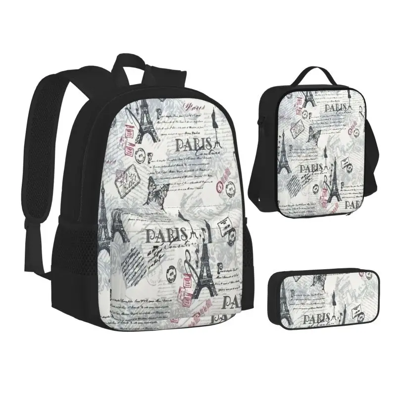 

3Pcs Retro Eiffel Tower Student Schoolbag Backpack Teenager Bookbag with Lunch Bag print set school bag shoulder bag pencil case