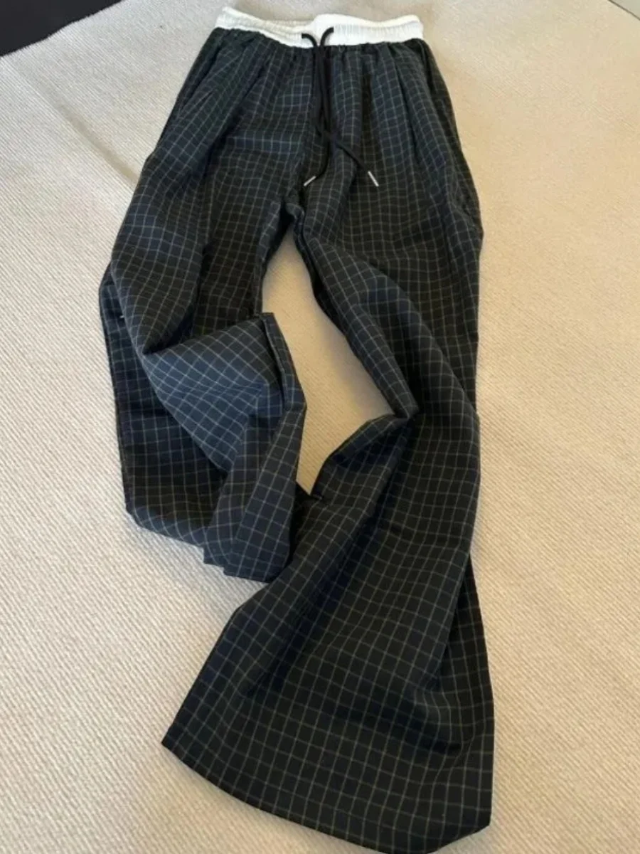 Loose Plaid Pants High Waist Wide Leg Casual Trousers for Women Summer Seasonal Splicing Drapey Straight Floor-Length Pants