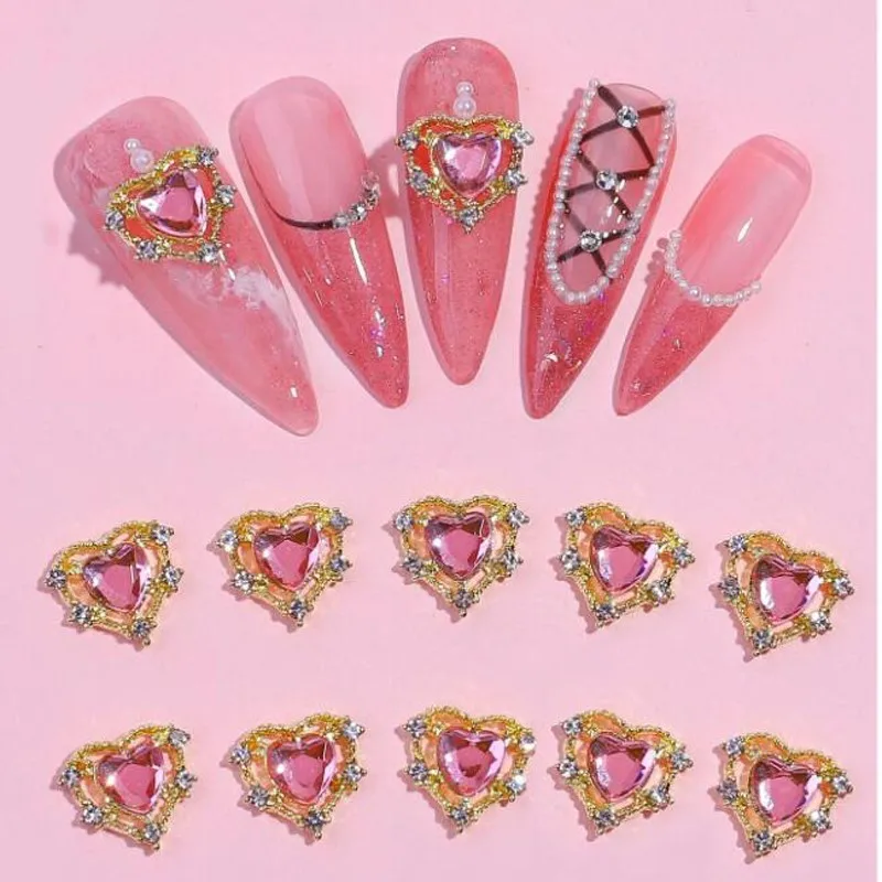 10Pcs Loving Heart Rhinestone Nail Art Decorations 3D Alloy Valentine's Day Glitter Hearts Diamond Nail Charms DIY Nail Supplies
