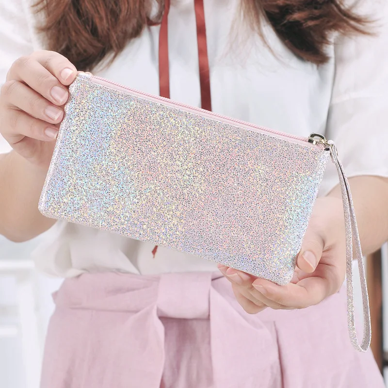 Simple Women Wallets Sequins PU Leather Zipper Clutch Coin Purse Phone Bag Portable Key Card Cosmetics Storage Handbag Bags