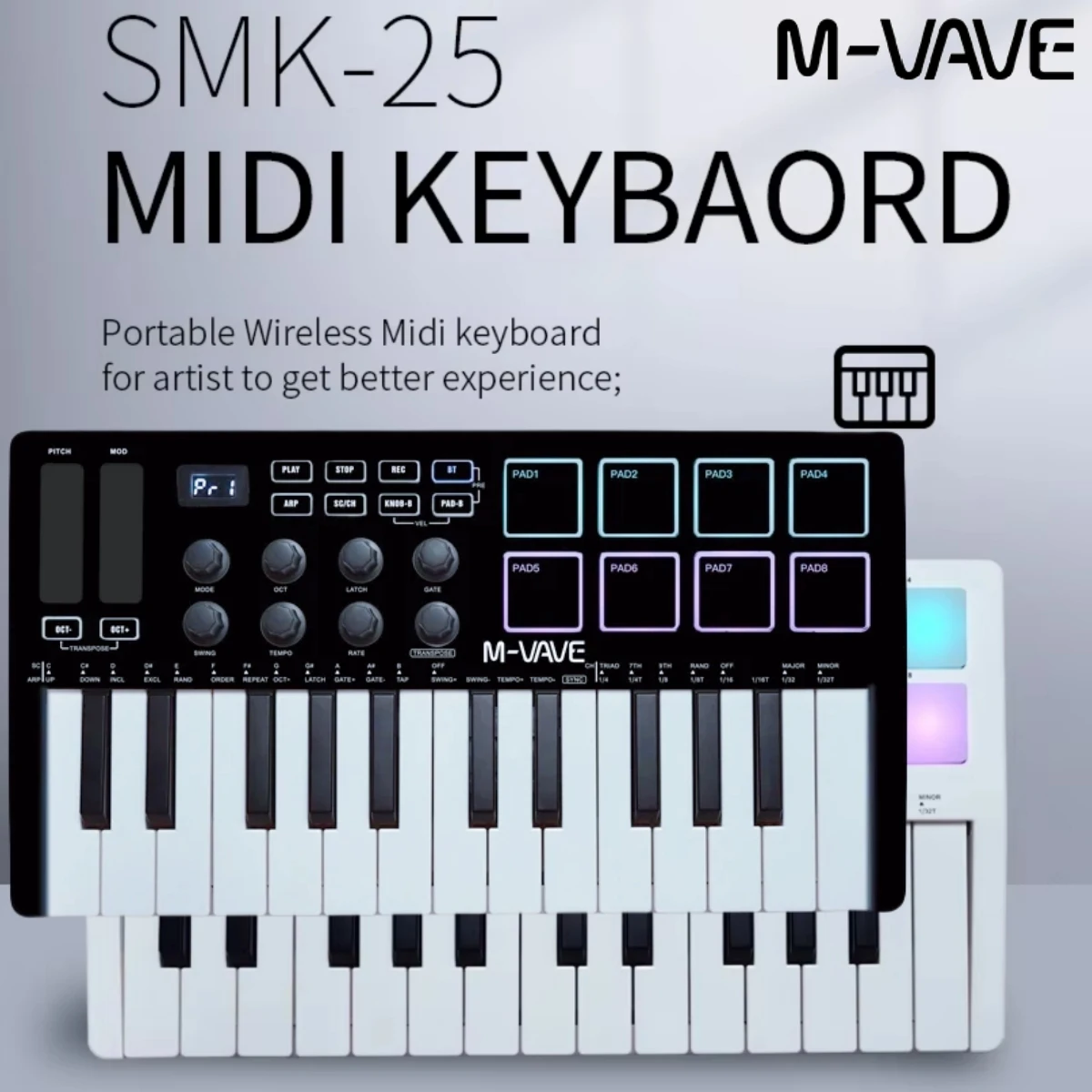 حزمة التحكم M-VAVE Pro MIDI: SMK-25 mini/SMK-37/SMK-25 II/SMC-PAD/SMC-Mixer |   25 مفتاح + وسادات 16RGB + 8 مقابض |   طقم داو لاسلكي/USB