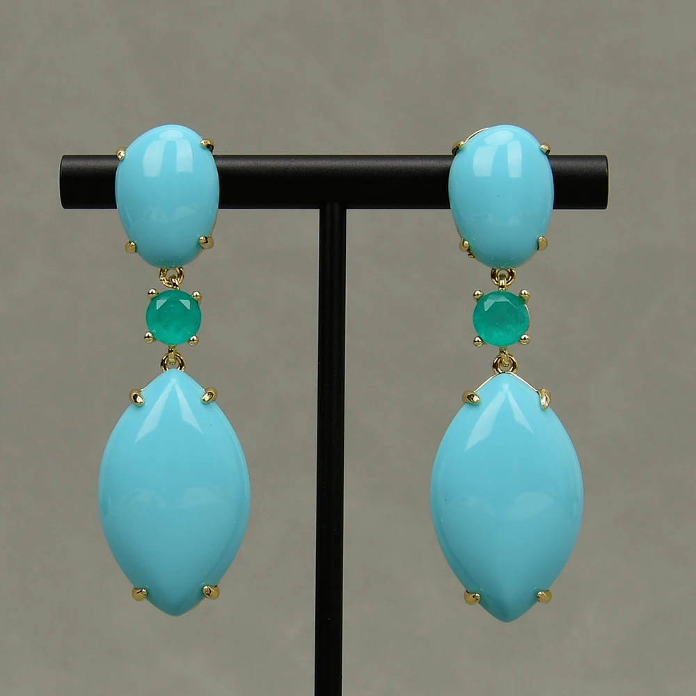 GG Blue Turquoise Green Jade Gold Plated Stud Drop Earrings Handmade Gifts For Lady Party Jewelry