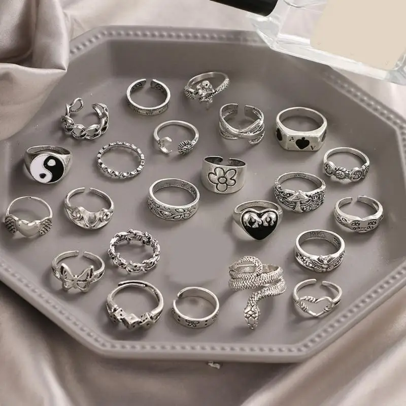 A52E 24Pcs Elegant Grunge Rings Collection Including Flower And Butterfly for Women