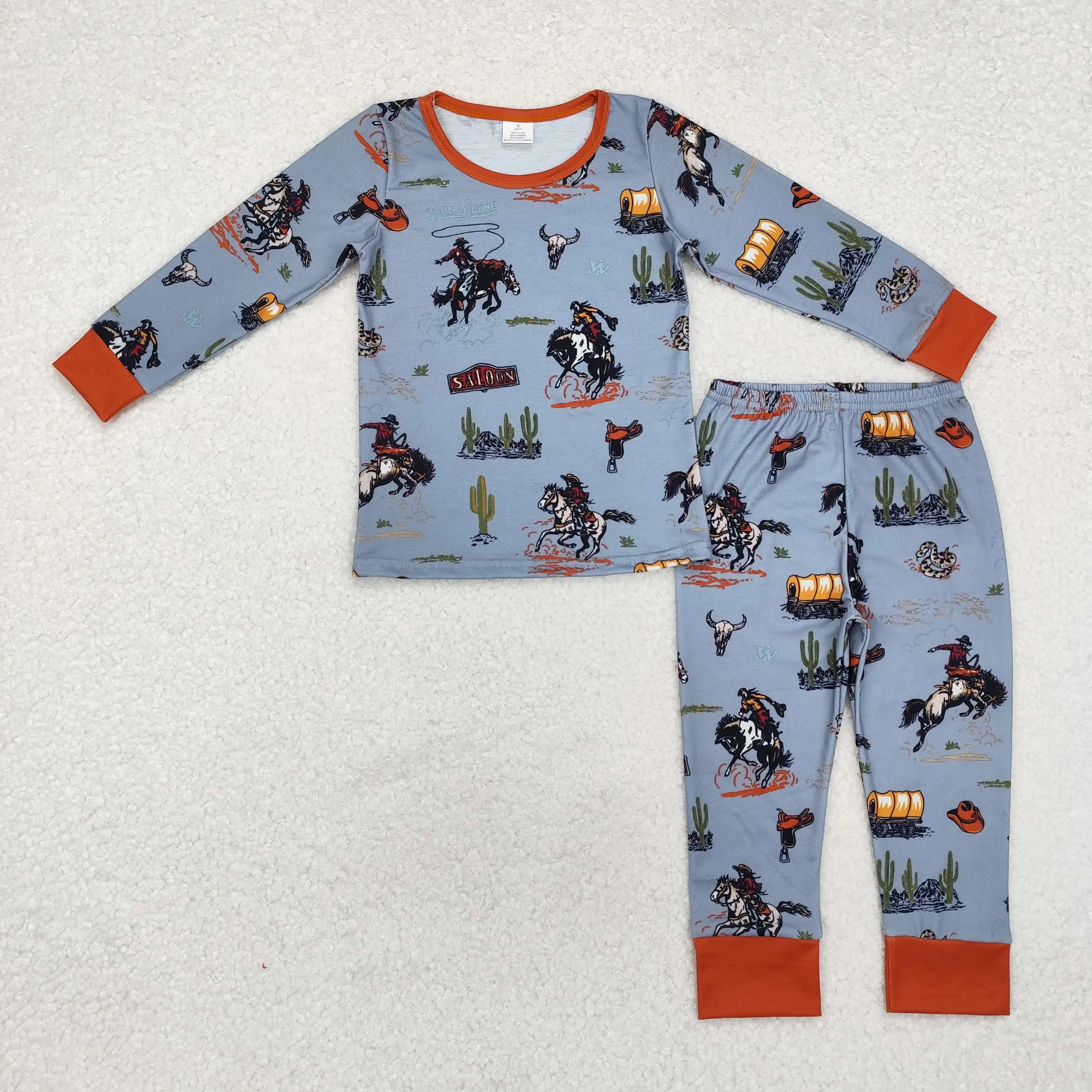 new rts Infant Boys Bamboo Western Style Pajamas Set Wholesale Boutique Riding Cactus Pattern Children Boys Gray Pajamas