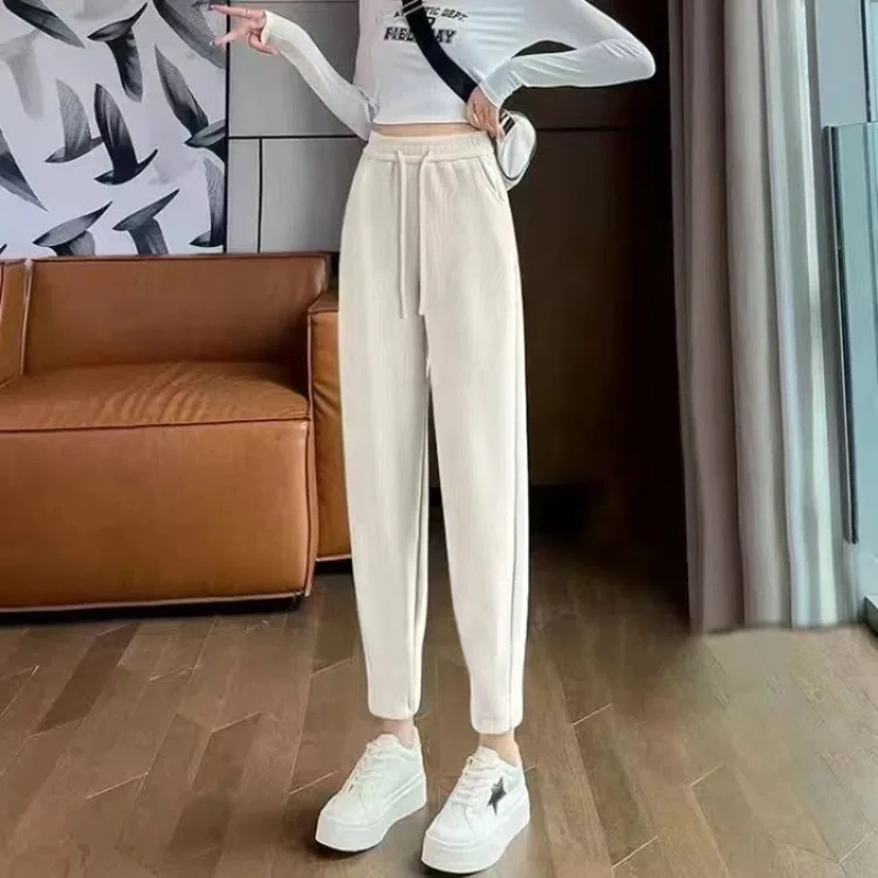 

Fashion Trend Winter New Corduroy Pants Women Elastic High Waist Drawstring Casual Plus Velvet Loose Bound Feet Haren Trousers