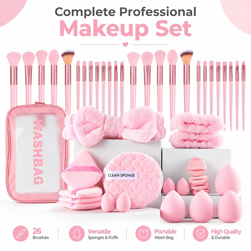 Complete Cosmetics Kit Including 26 Soft Pink Brushes 4 Triangular Sponges 1 Circle Puff and Convenient Travel Pouch
