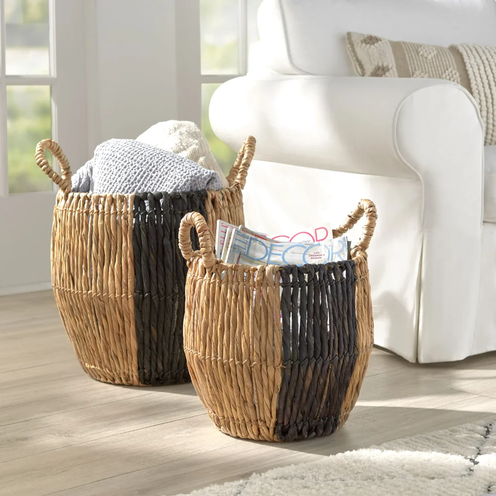 

Natural and Black Water Hyacinth Baskets, Set of 2Storage Bin Storage Basket Laundry Sorter Shelves Storage