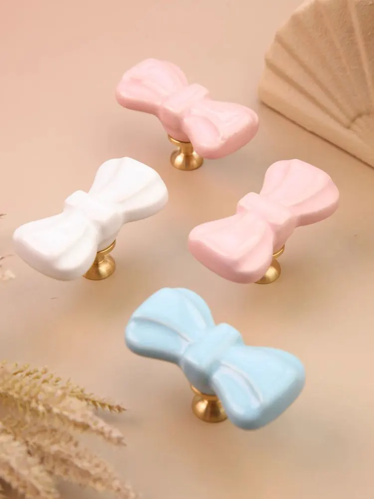 Ceramic Brass Delicate Bowknot Cabinet Handles Elegant Drawer Cupboard Door Knobs Blue Pink White Decor Wardrobe Pulls for Kids