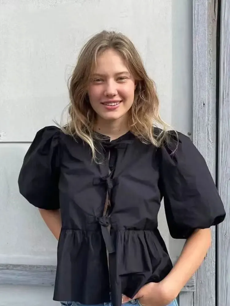 

HH 2024 Summer Trendy Causal Solid Color Shirts Round Neck Short Puff Sleeves Hollow Out Lace Up Elegant Tops Chic Blouse